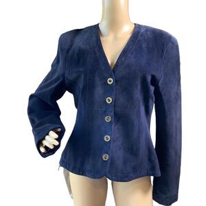 Danier Blue 5-Button V-Neck Long Sleeve Genuine Leather Blazer Jacket VTG Med